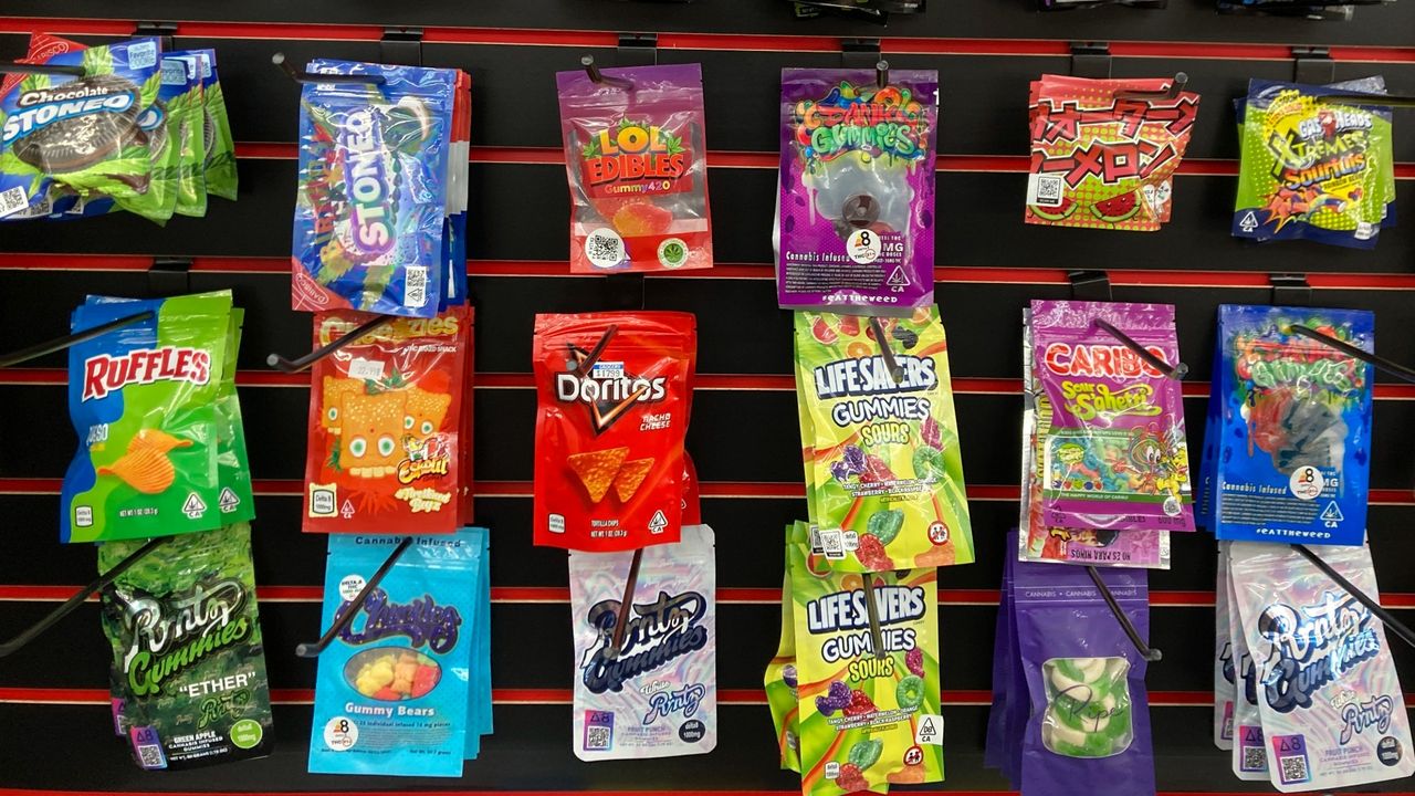 A wall of delta-8 snacks at a smoke shop