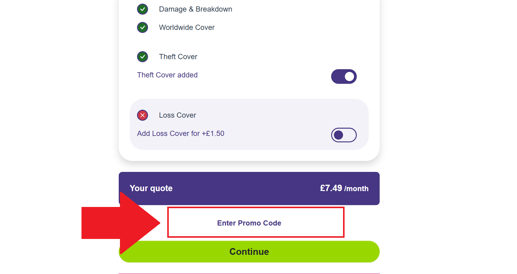 A screenshot of the protect your bubble quote screen showing where to enter a protect your bubble promo code