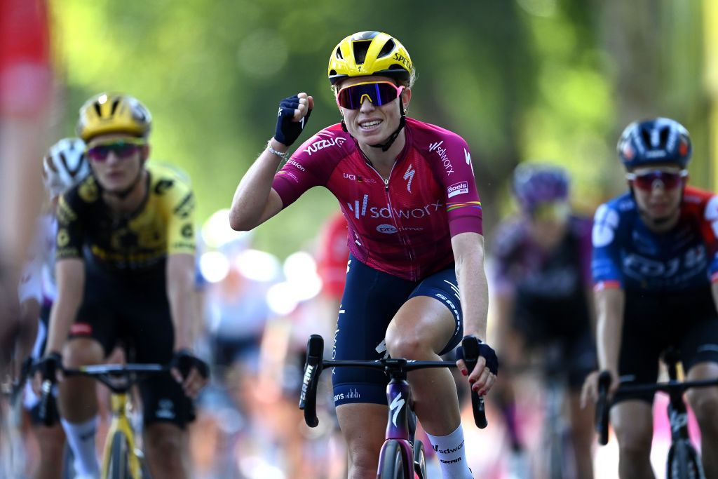 MONTIGNACLASCAUX FRANCE JULY 25 Demi Vollering of The Netherlands Pink UCI Womens WorldTour Leader Jersey and Team SD Worx Protime celebrates at finish line during the 2nd Tour de France Femmes 2023 Stage 3 a 1472km stage from CollongeslaRouge to MontignacLascaux UCIWWT on July 25 2023 in MontignacLascaux France Photo by Tim de WaeleGetty Images