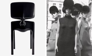 Left, ‘Espace Chair’, 1972, by François Cante-Pacos, for Pierre Cardin, in lacquered wood with sculpted back. Right, cocktail dresses with conical breasts, 1966. Courtesy of Archives Pierre Cardin