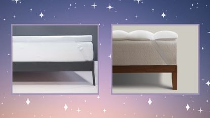 Best cooling mattress toppers on pink and purple background with sparkles, Coop mattress topper on corner of bed frame, Subrtex topper on corner of bed frame
