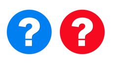 White question marks inside a blue and a red circle against a white background. 