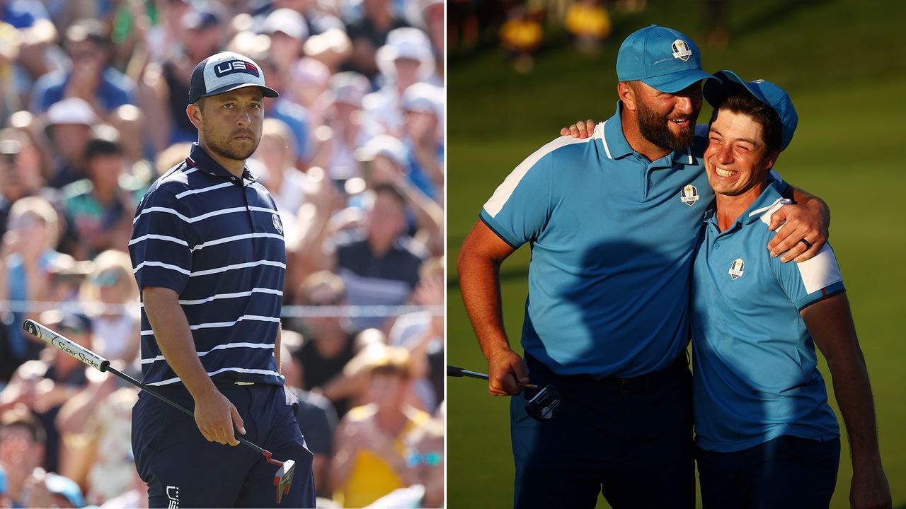 Xander Schauffele looking despondent while Jon Rahm and Viktor Hovland celebrate by embracing