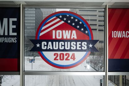 Signage ahead of the Iowa caucus in Des Moines, Iowa, US, on Friday, Jan. 12, 2024