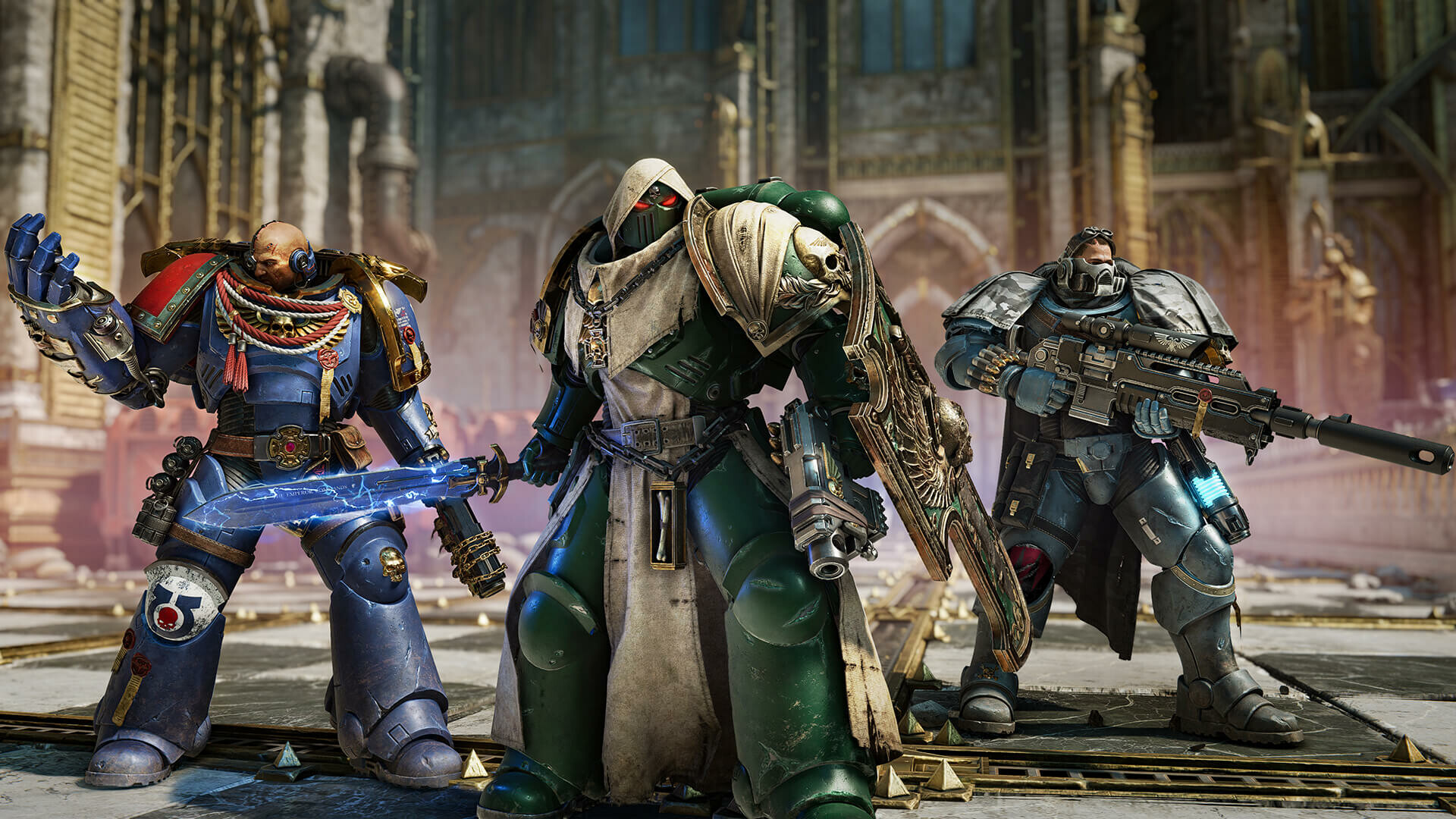 Three Space Marines stand together with different weapons in Warhammer 40,000: Space Marine 2