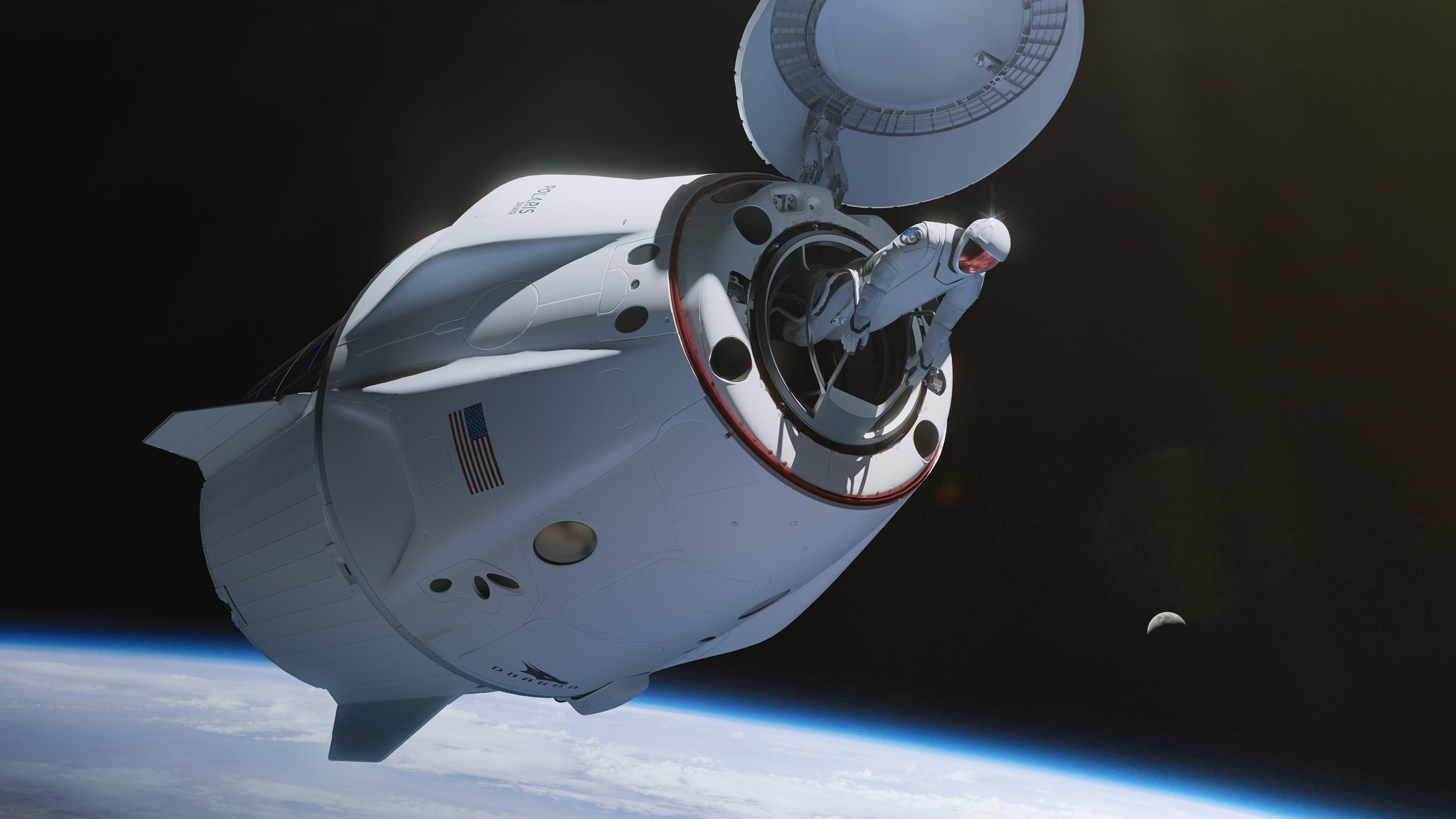 a person in a white spacesuit climbs out of a cone-shaped spaceship hovering above the Earth