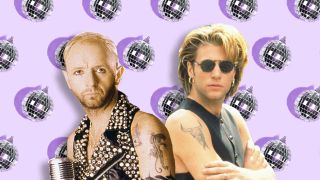 Rob Halford and Jon Bon Jovi standing in front of a wall of disco balls