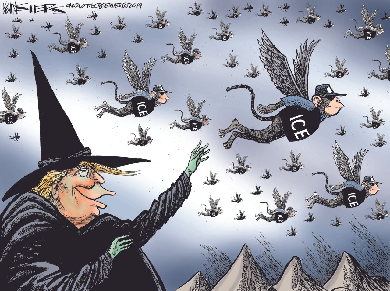 Political Cartoon U.S. Trump ICE Raids Wizard of Oz Witch Flying Monkeys