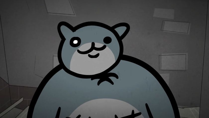 Mewgenics trailer still - large smiling grey cat who I'm sure is very nice