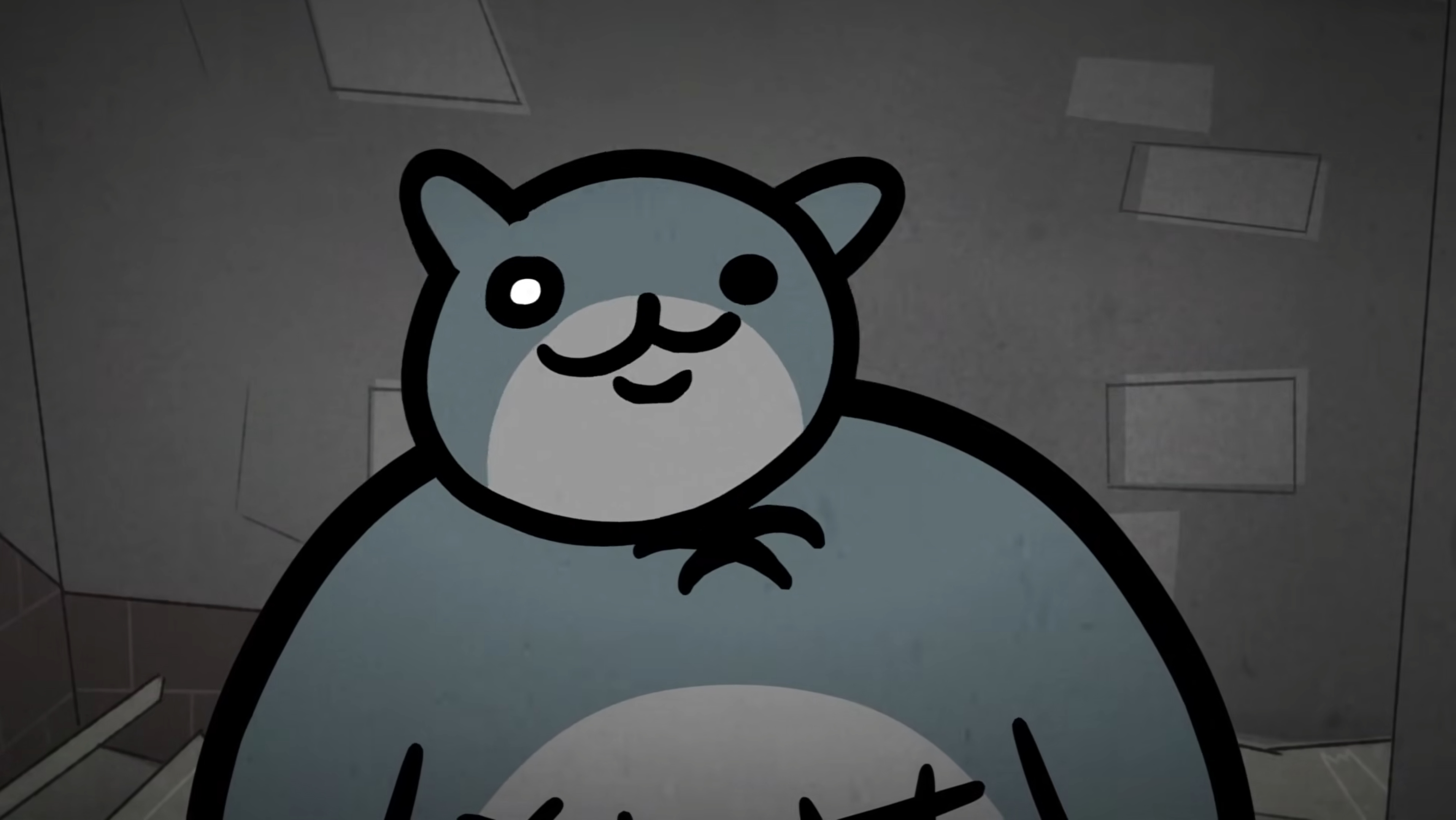 Mewgenics trailer still - large smiling grey cat who I'm sure is very nice