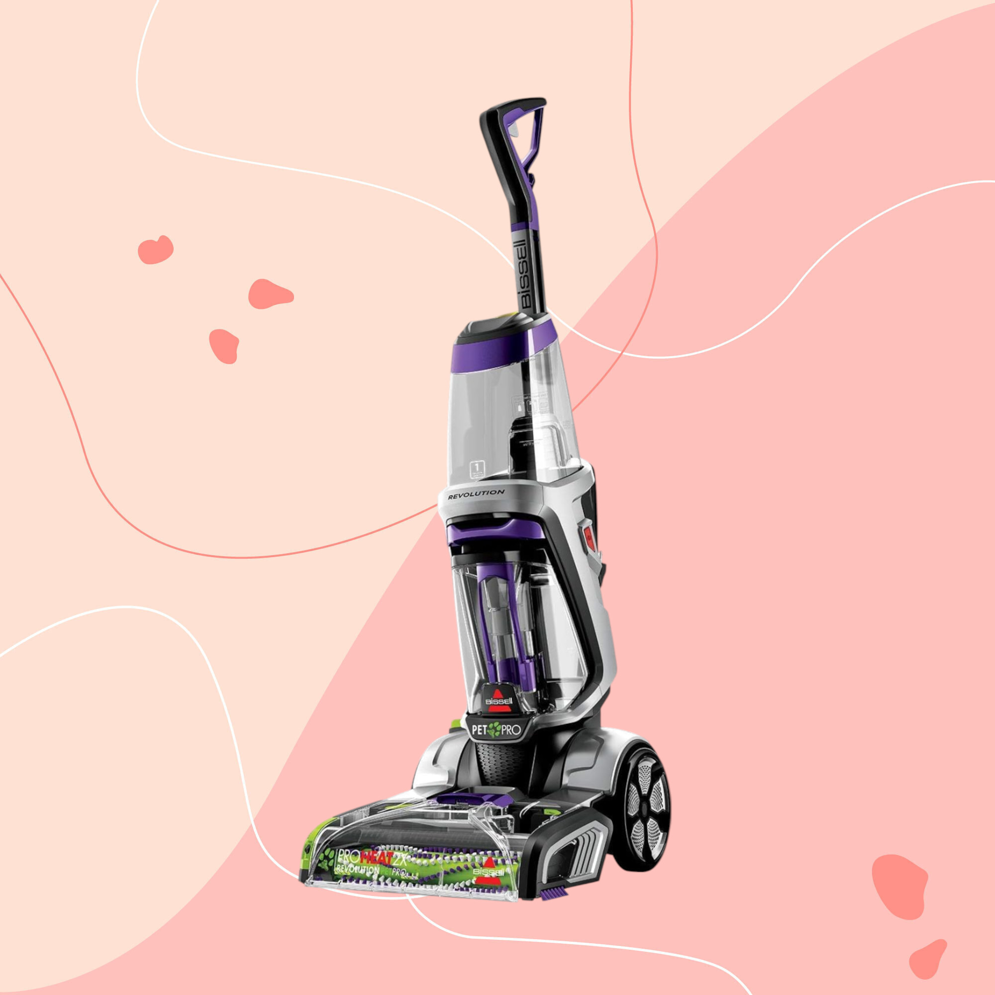bissell proheat 2x revolution pet pro carpet cleaner on pink graphic background