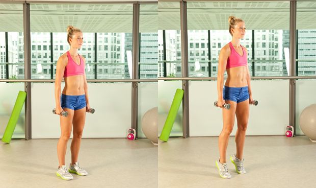 Woman demonstrates two positions of the standing calf raise with light dumbbells