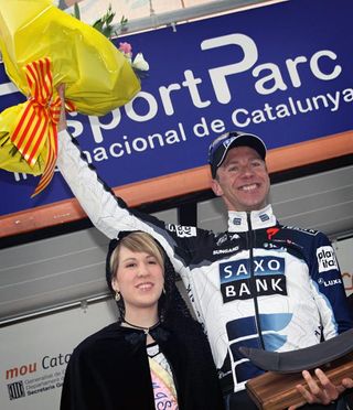 Jens Voigt (Saxo Bank) is all smiles on the podium following his stage victory.