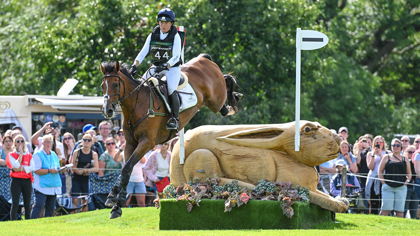 A lesson with Pippa Funnell, pictured here aboard Majas Hope at Burghley in 2023, is among the auction lots.