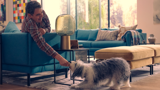 Rowan Atkinson at Trevor with Cupcake the dog