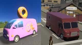 A donut delivery van in a city