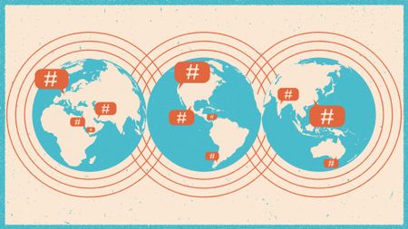 Three globe maps of the world with hashtag speech bubbles emerging from different countries