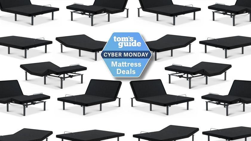 a montage of black adjustable bed bases on white background with Tom&#039;s Guide Cyber Monday mattress deals logo