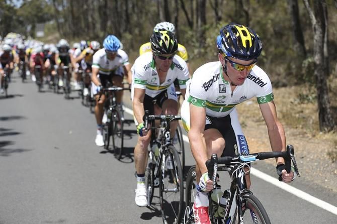 Jay McCarthy on the front of the peloton.