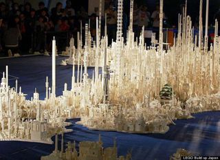 Lego Japan: The vertical white buildings were laid over the shape of the Japanese islands