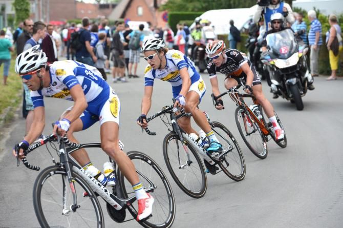 Pieter Jacobs leads Topsport Vlaanderen-Baloise teammate Laurens de Vreese and Benjamin Verraes (Accent Jobs-Wanty) in the break of the day