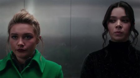 Florence Pugh as Yelena Belova and Hailee Steinfeld as Kate Bishop in Hawkeye