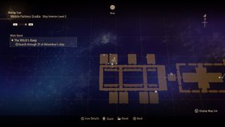 Tales of Arise - a map of Mobile Fortress Gradia Ship level 2 showing an owl marker in the second to last room on the north end of the ship.