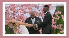 Kwame and Chelsea Love Is Blind wedding day in front of cherry blossoms