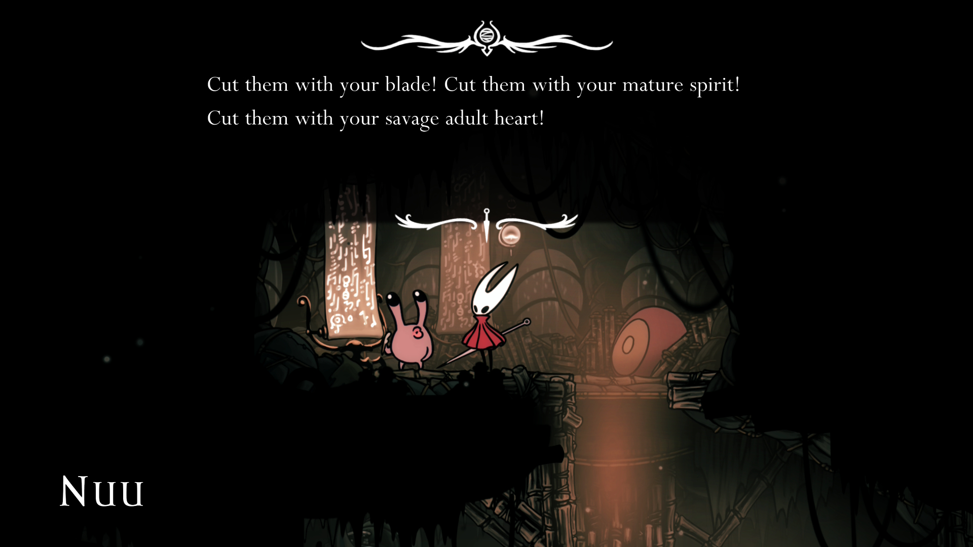 Nuu in Hollow Knight: Silksong, a weird blobby creature, begs Hornet to kill enenmies