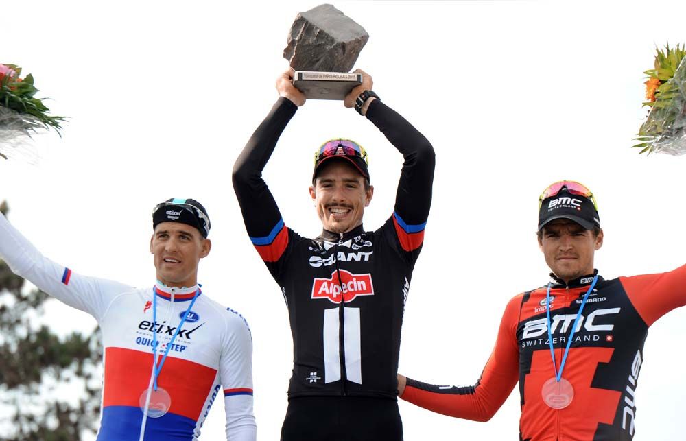 The 2015 Paris-Roubaix podium: Zdenek Stybar (Etixx-QuickStep), John Degenkolb (Giant-Alpecin) and Greg Van Avermaet (BMC)