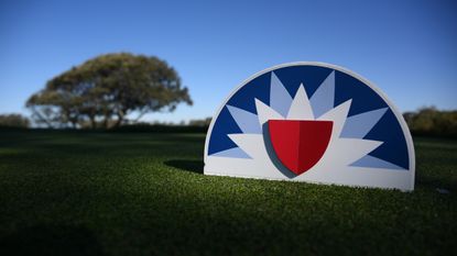 A general view of the Farmers Insurance Open tee box logo