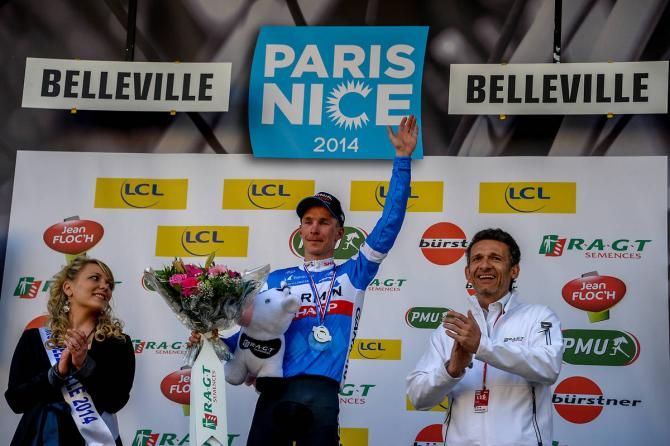 Tom Jelte Slagter (Garmin-Sharp) on the podium after winning stage 4 at Paris-Nice