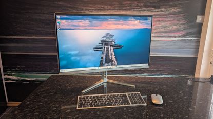 The Medion Signium 27 S1 AIO desktop pictured on a marble worksurface.