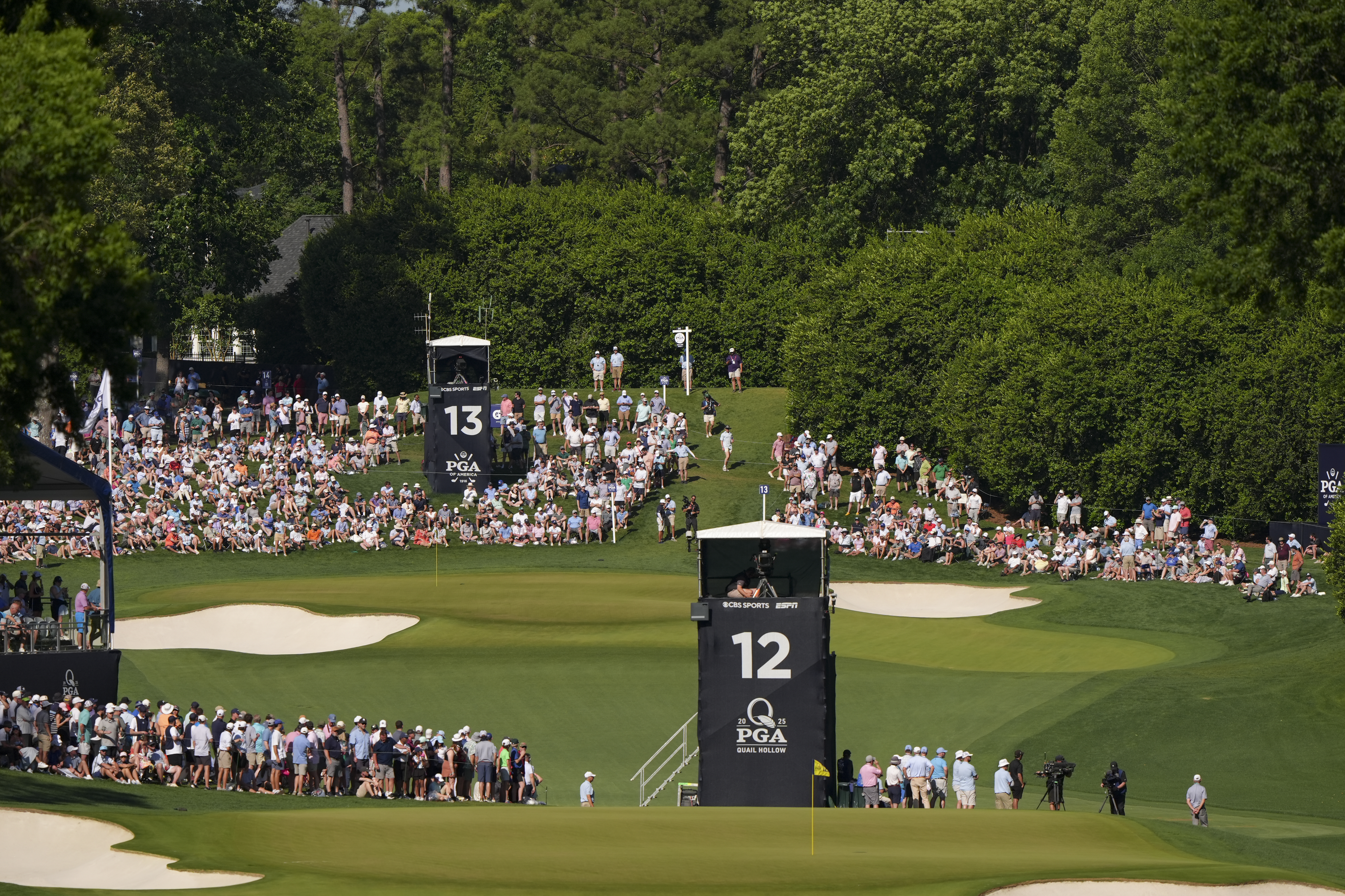 A general view of the 12th and 13th holes during the final round of the PGA Championship at Quail Hollow Club