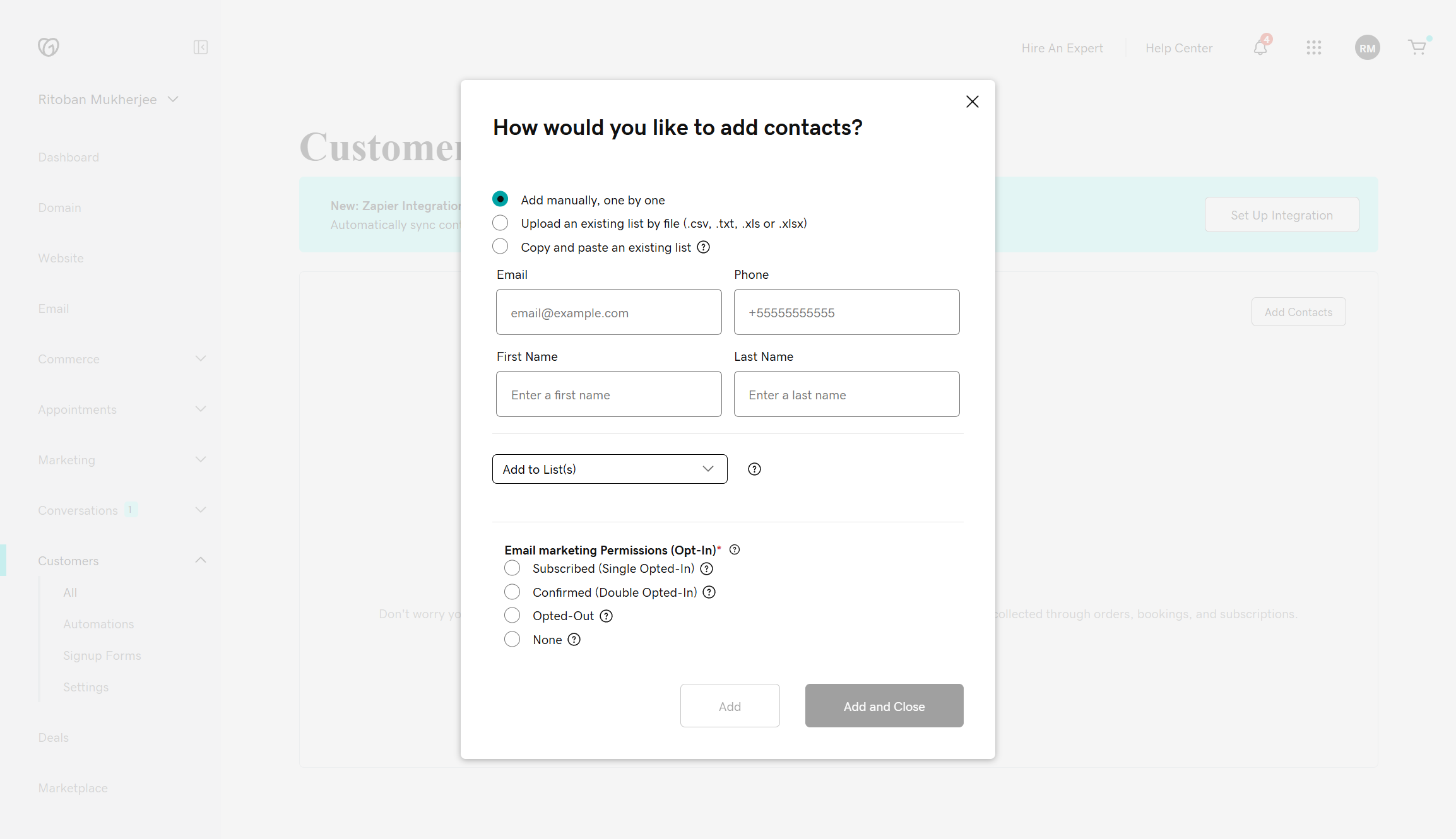 Screenshot of GoDaddy&#039;s built in CRM with a form to input customer information.