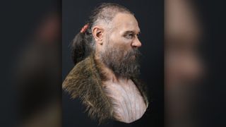 Various animal jaw bones were found in the man's grave. The wild boar's jaw inspired Nilsson to dress this man in wild boar skin and give him a pigtail.