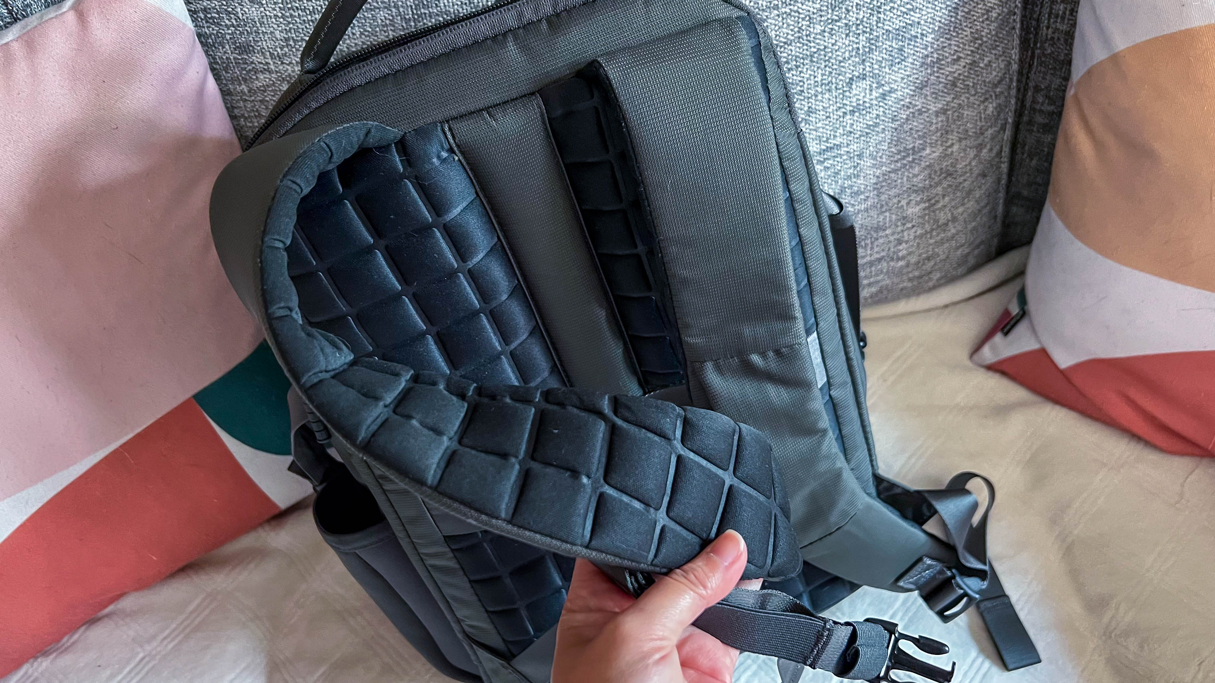 Timbuk2 Division Laptop Backpack Deluxe on the reviewer's couch