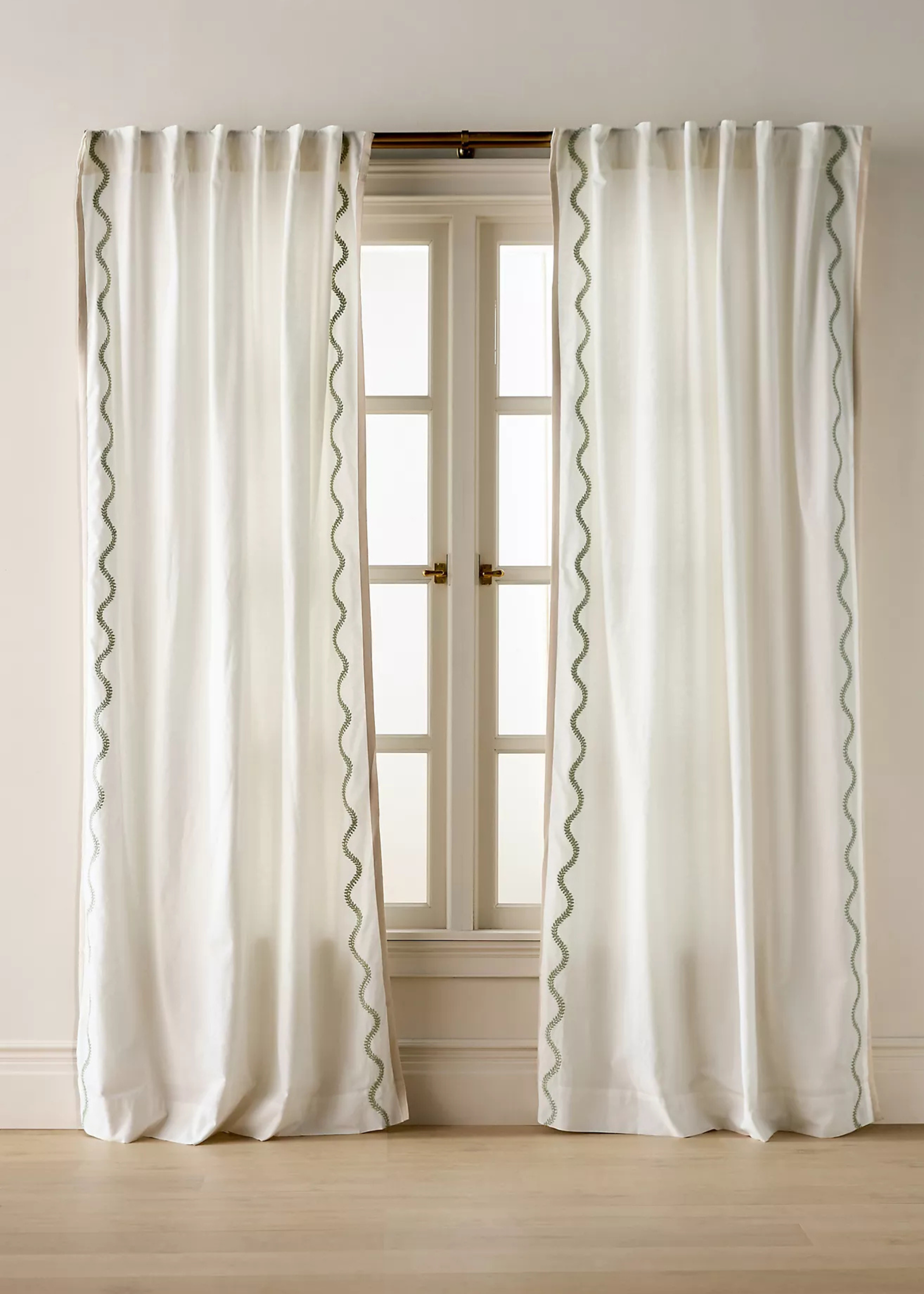 Anthropologie, Embroidered Cotton Scalloped Border Curtain - Moss