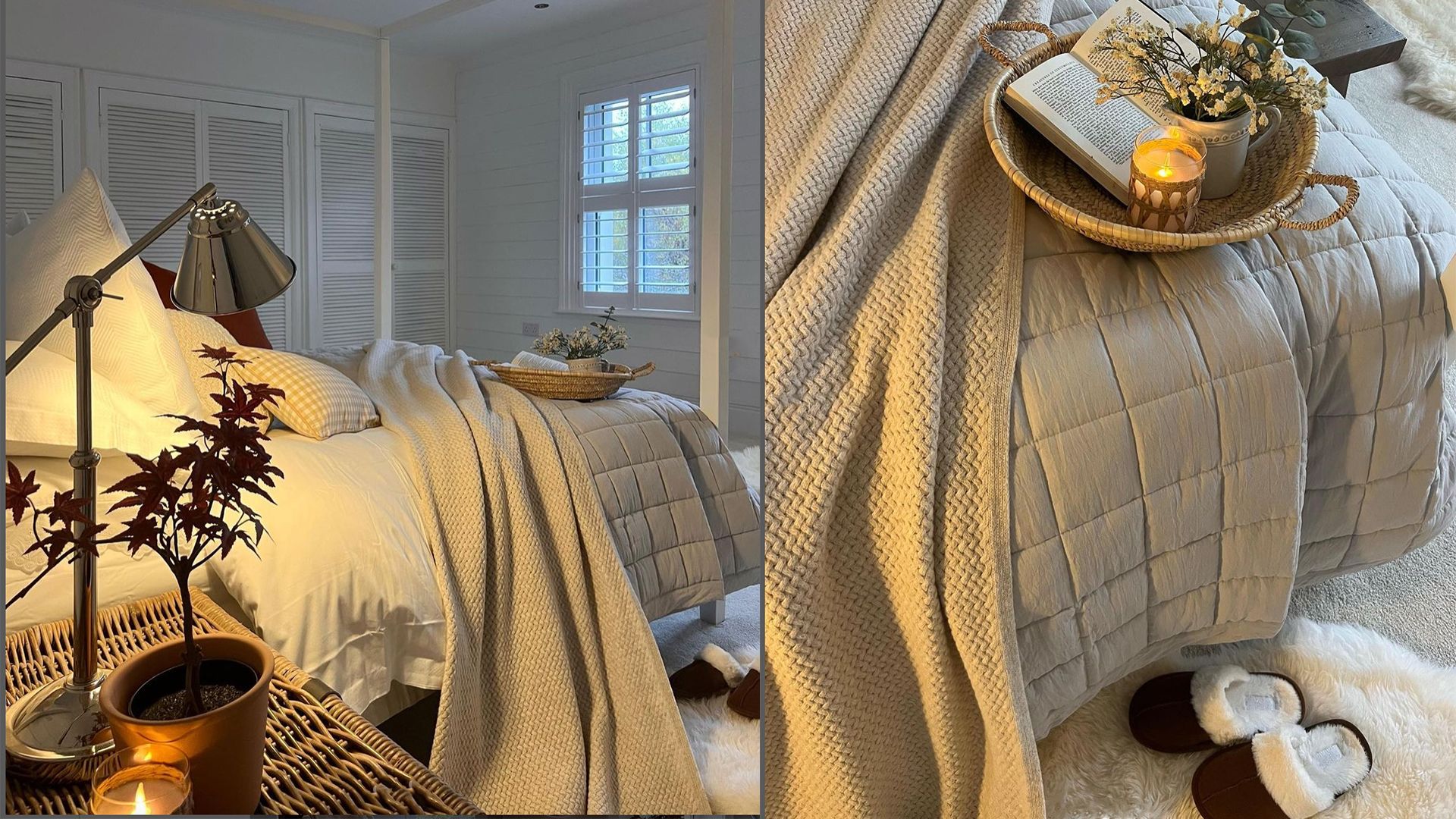 cosy festive bedroom with blankets, rugs and slippers