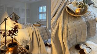 cosy festive bedroom with blankets, rugs and slippers