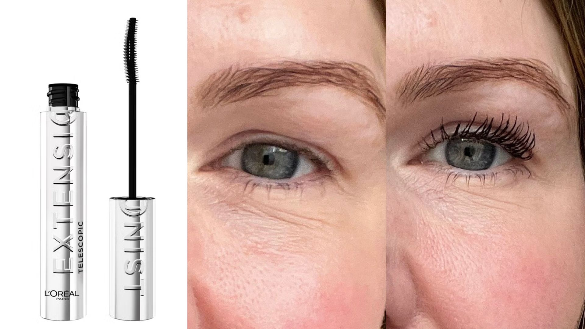 Fiona McKim's lashes, before and after L'Oreal Extensionist mascara beside a product shot