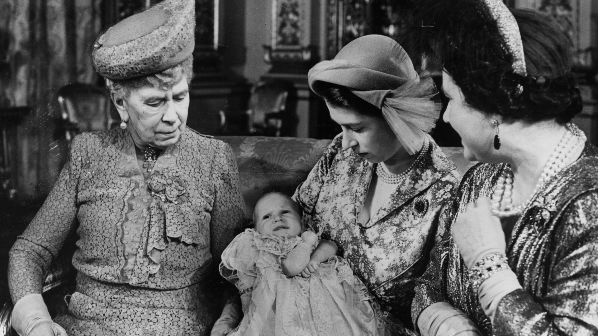 Four generations of the royal family gather as Queen Elizabeth II holds her baby daughter Princess Anne with her mother Queen Elizabeth (right) and her grandmother, Queen Mary.