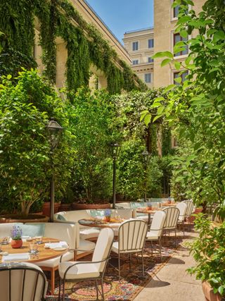 A terrazza-style restaurant is surrounded by lush greenery and features a colorful rug on a sandy floor, as well as mid-century modern cream and wood, or cream and green, outdoor furniture.