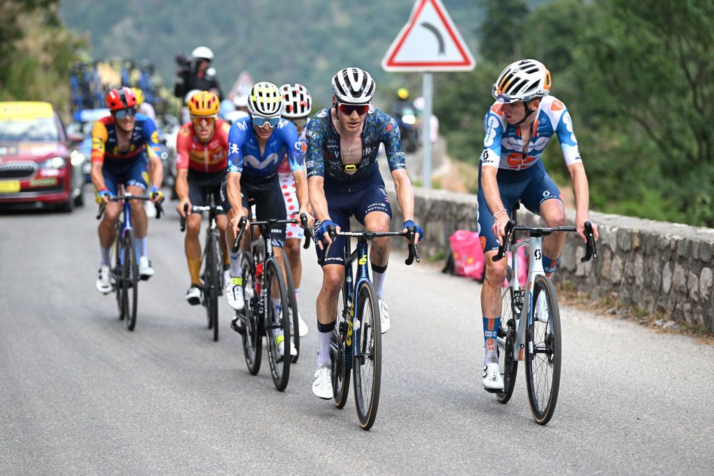 COL DE LA COUILLOLE FRANCE JULY 20 LR Enric Mas of Spain and Movistar Team Wilco Kelderman of Netherlands and Team Visma Lease a Bike and Romain Bardet of France and Team dsmfirmenich PostNL compete in the breakaway during the 111th Tour de France 2024 Stage 20 a 1328km stage from Nice to Col de la Couillole 1676m UCIWT on July 20 2024 in Col de la Couillole France Photo by Dario BelingheriGetty Images