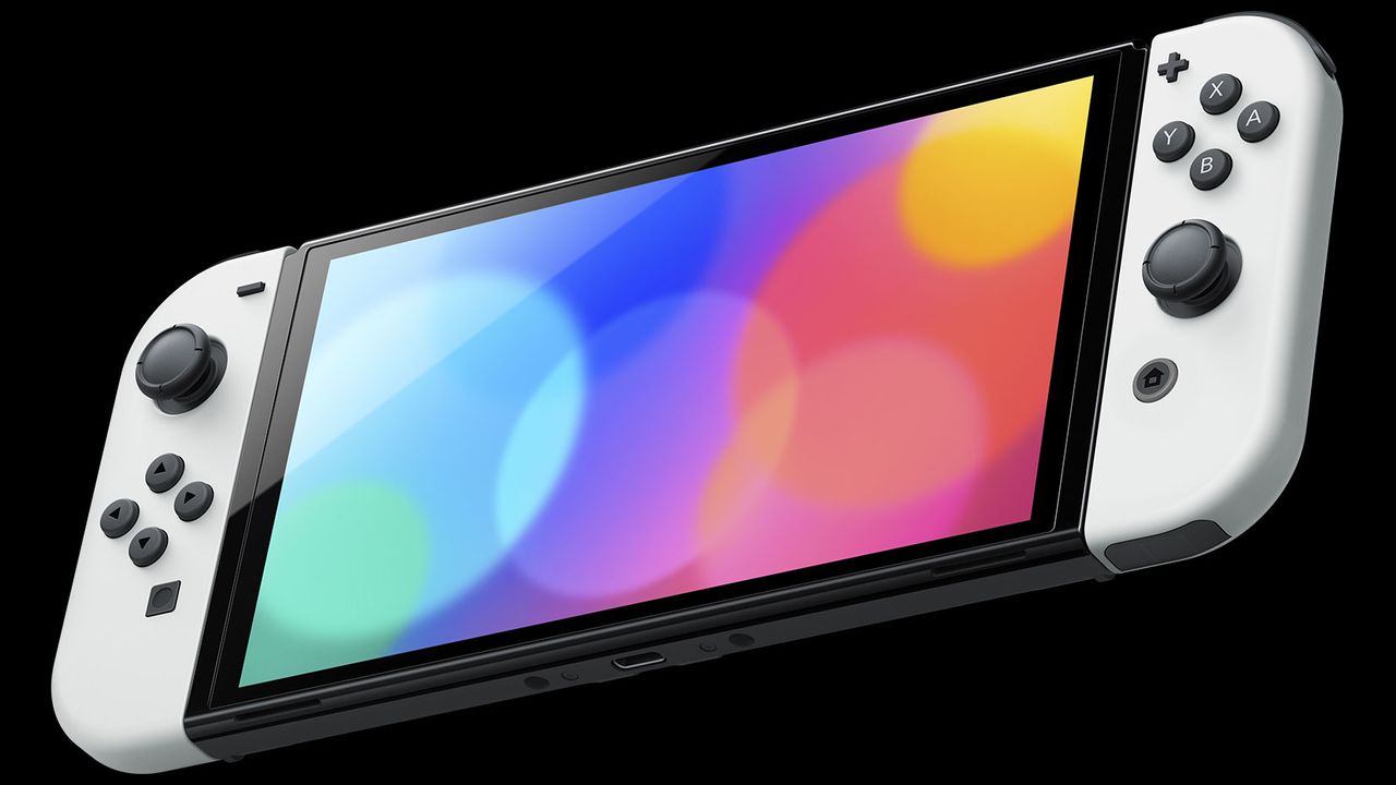 The Nintendo Switch OLED with Joy-Cons attached and screen on