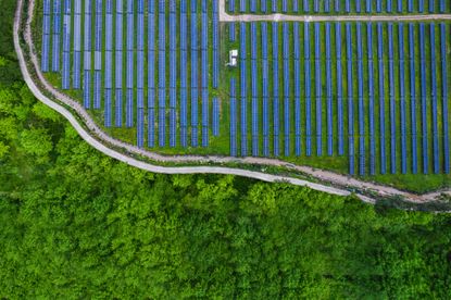 High angle view of Solar panels , agricultural landscape