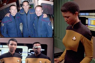 NASA astronauts Terry Virts and Mike Fincke pose with actor Scott Bakula on the set of "Star Trek: Enterprise" (upper left); Astronaut Mae Jemison appeared with LeVar Burton on "Star Trek: The Next Generation."