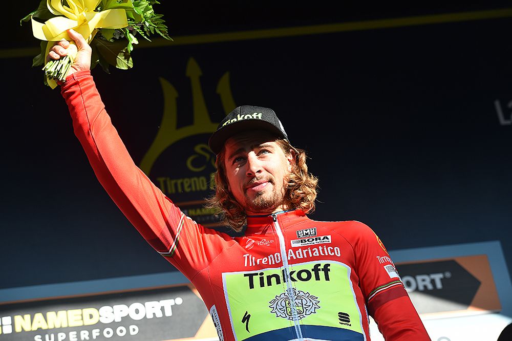 Peter Sagan (Tinkoff) waves at the crowds
