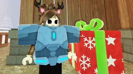 A Roblox player character with the Cyborg class equipped standing beside a red present in the 99 Nights in the Forest Christmas update.