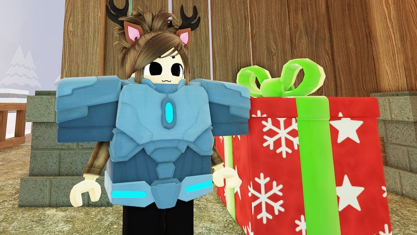 A Roblox player character with the Cyborg class equipped standing beside a red present in the 99 Nights in the Forest Christmas update.
